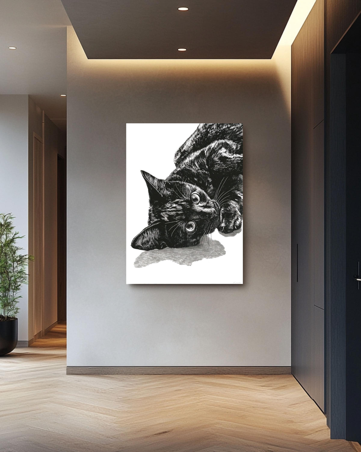 Black Cat Portrait Canvas Art: Minimalist Linocut Style Print