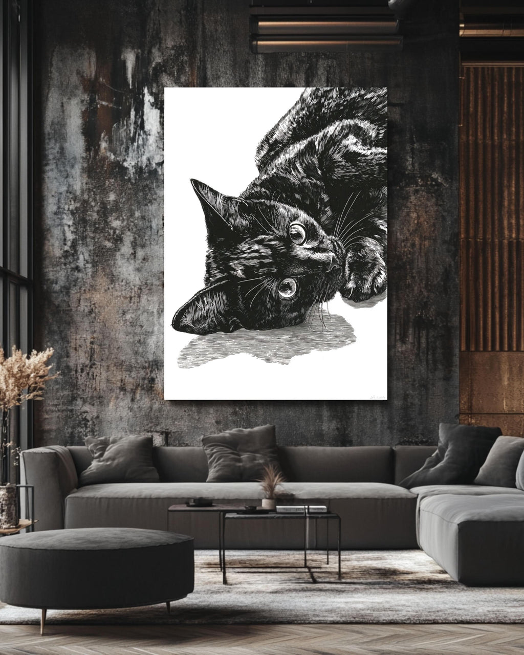 Black Cat Portrait Canvas Art: Minimalist Linocut Style Print