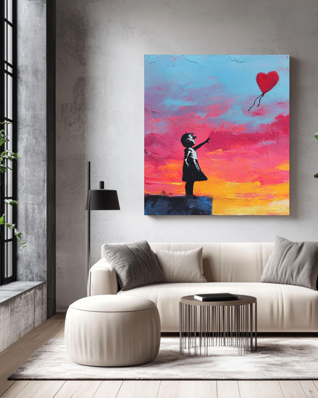 Banksy Style Girl with Heart Balloon Canvas Art: Graffiti Street Art Print