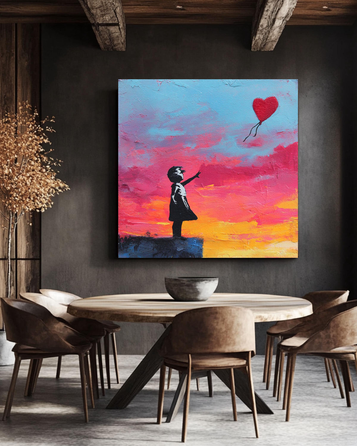 Banksy Style Girl with Heart Balloon Canvas Art: Graffiti Street Art Print