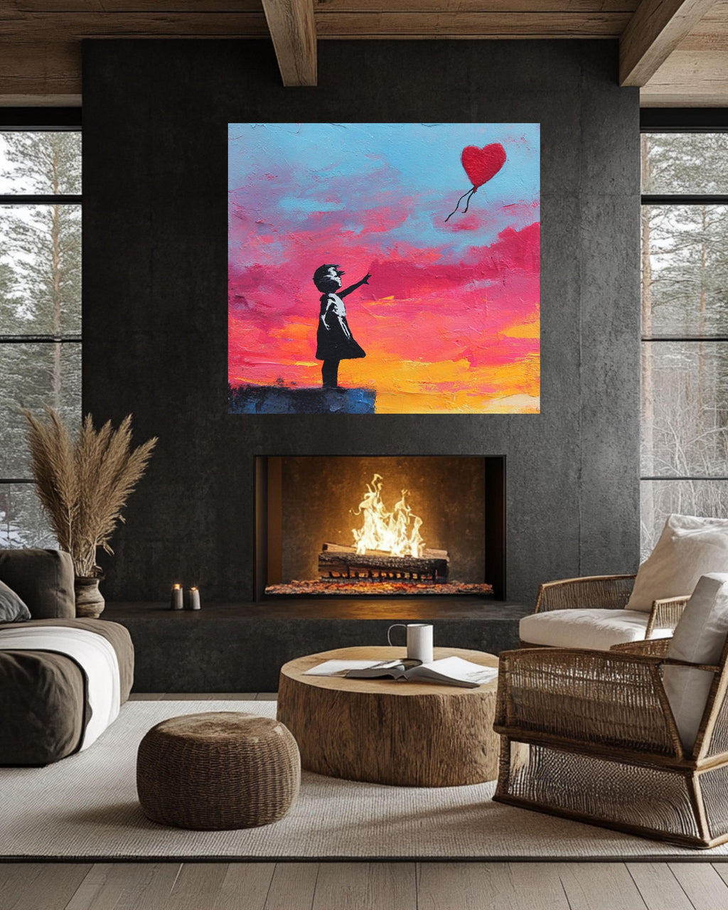 Banksy Style Girl with Heart Balloon Canvas Art: Graffiti Street Art Print