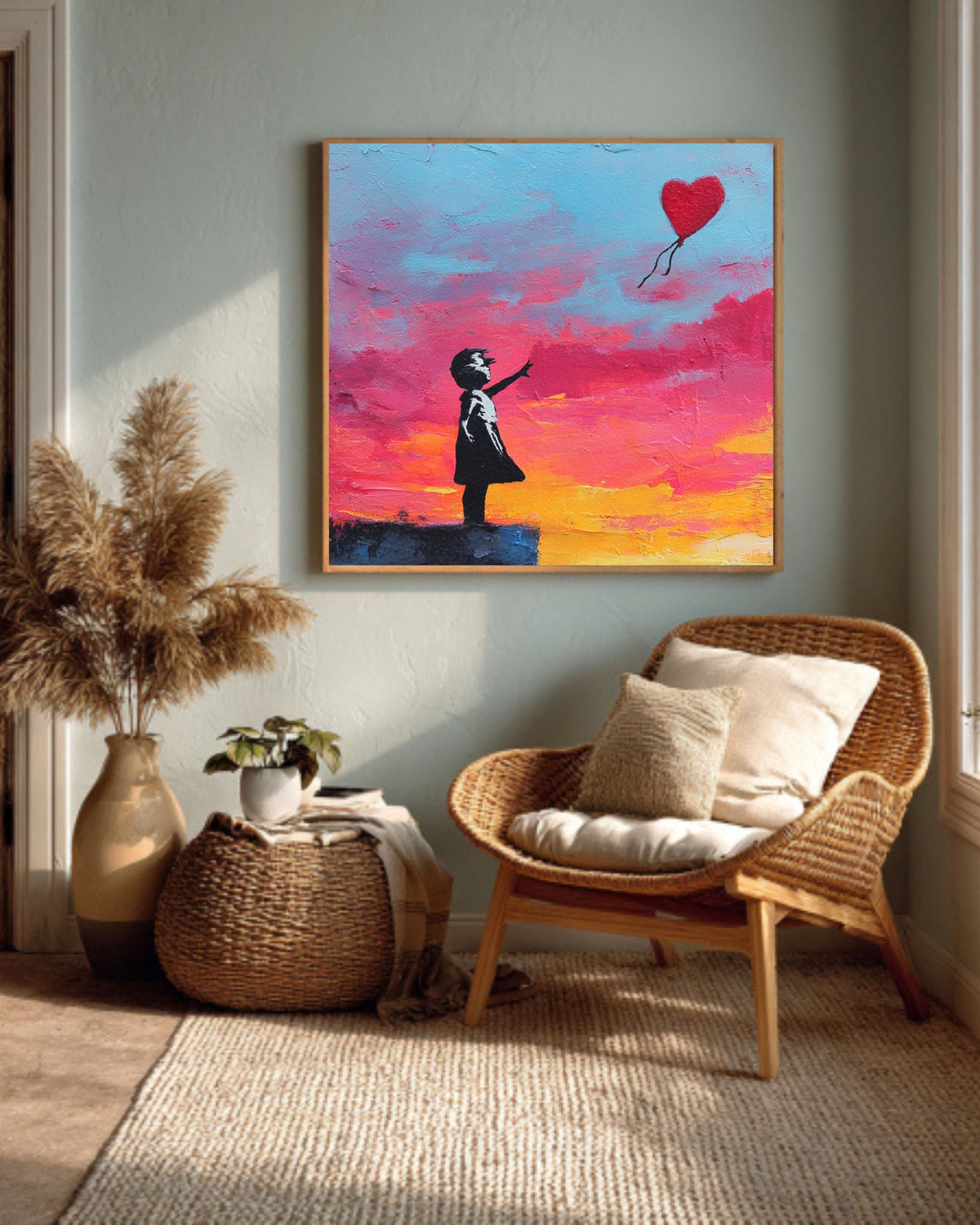 Banksy Style Girl with Heart Balloon Canvas Art: Graffiti Street Art Print