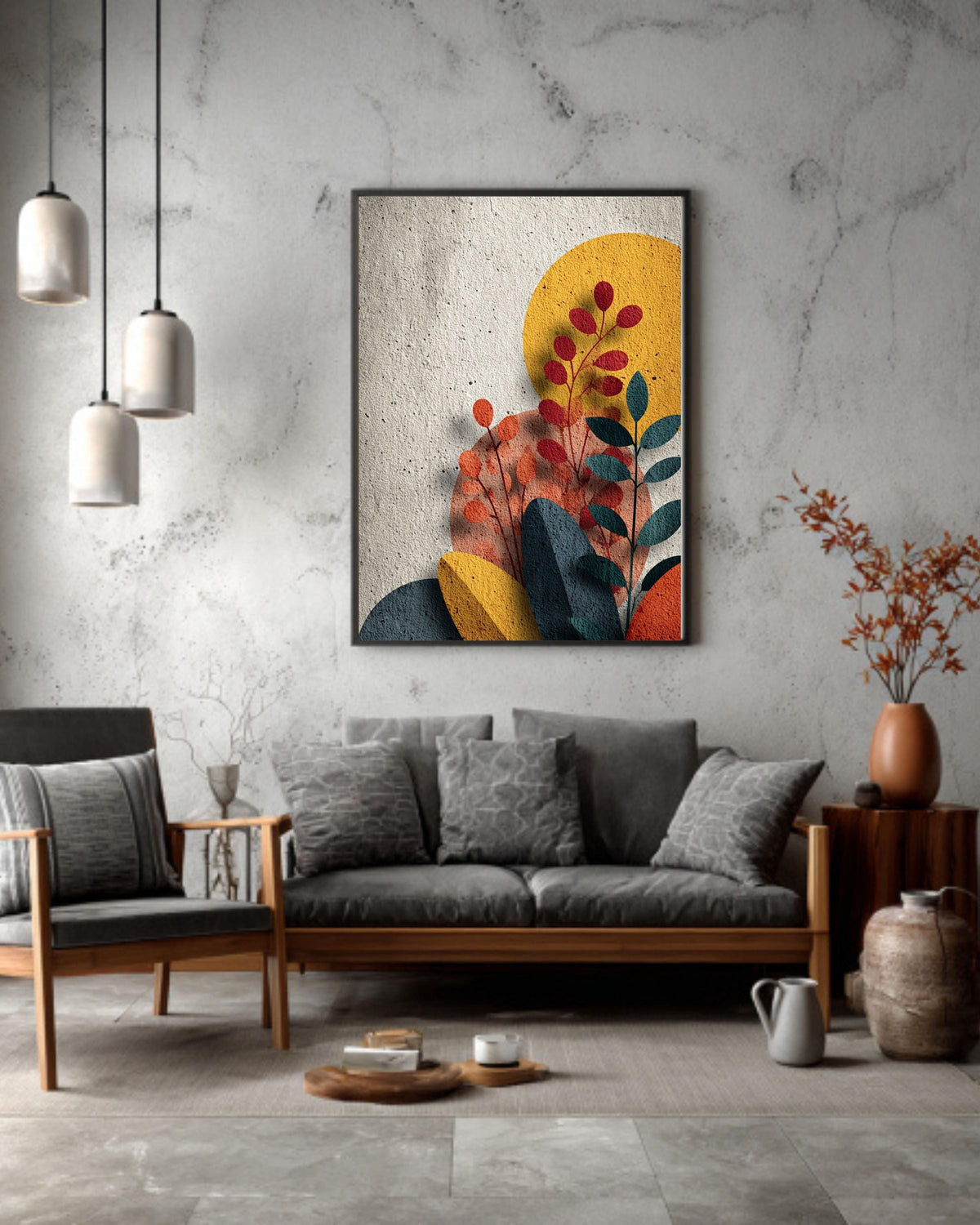 Geometric Plants Canvas: Mid-Century Modern Abstract Wall Art
