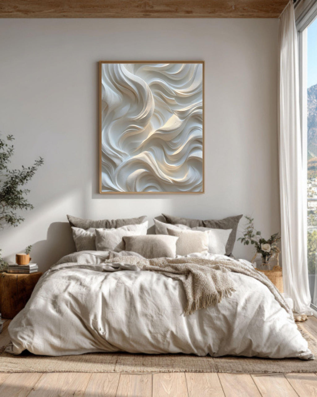 White Wavy Relief Texture Canvas Art, Abstract Minimalist 3D Effect Wall Decor, Soft Light Sculptural Panel Print, Neutral Home