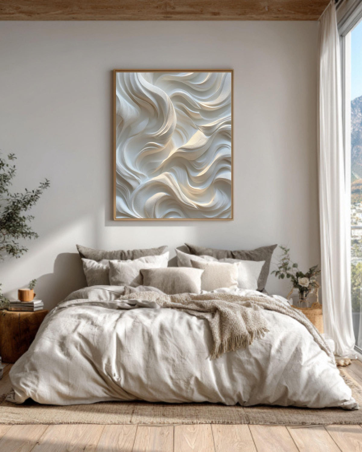 White Wavy Relief Texture Canvas Art, Abstract Minimalist 3D Effect Wall Decor, Soft Light Sculptural Panel Print, Neutral Home