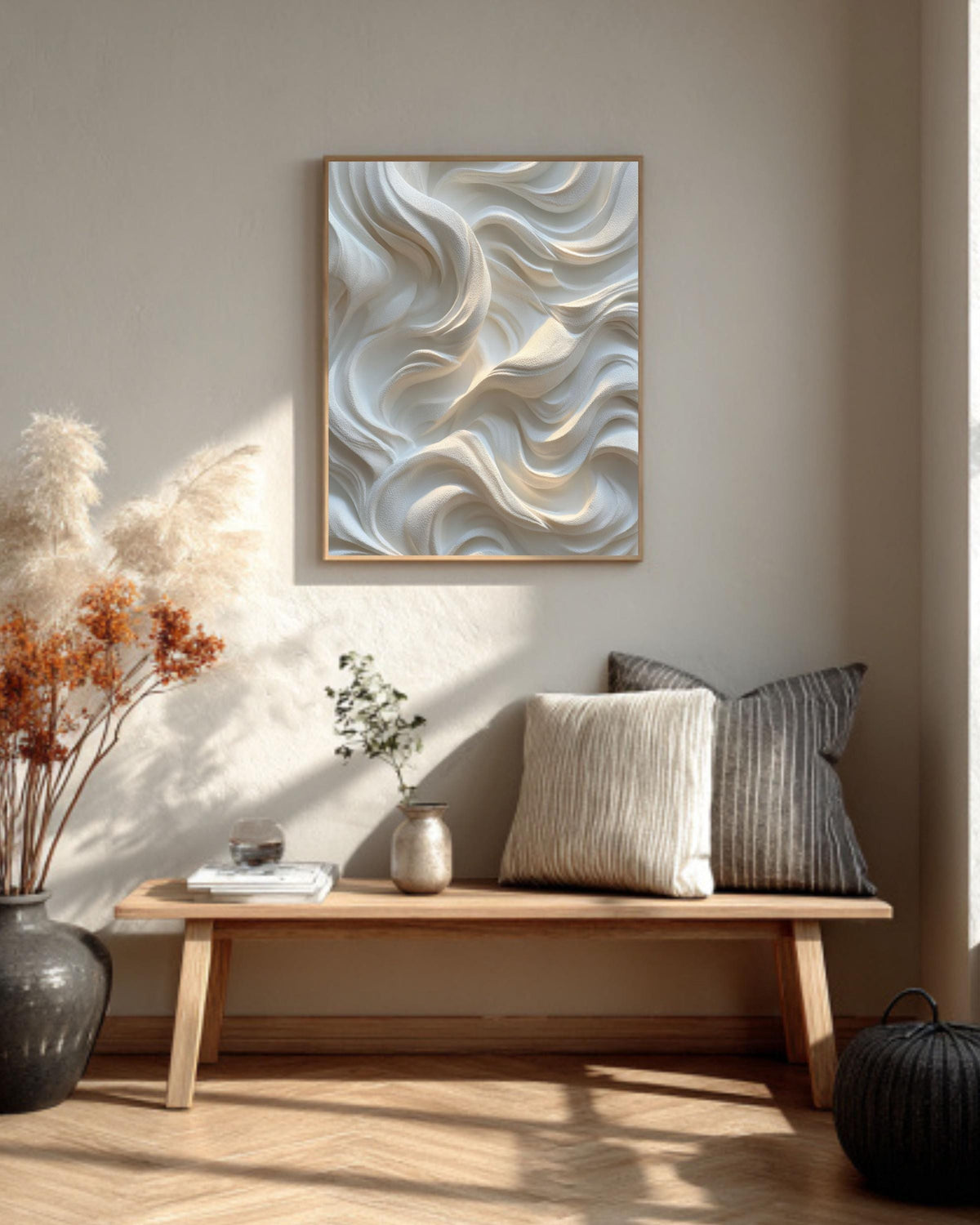 White Wavy Relief Texture Canvas Art, Abstract Minimalist 3D Effect Wall Decor, Soft Light Sculptural Panel Print, Neutral Home