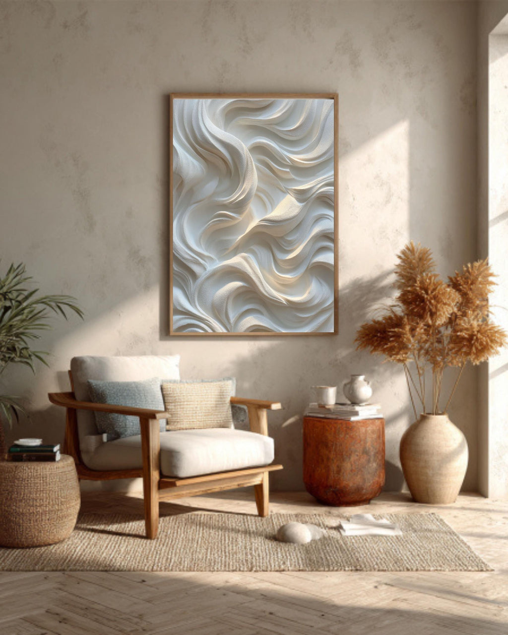 White Wavy Relief Texture Canvas Art, Abstract Minimalist 3D Effect Wall Decor, Soft Light Sculptural Panel Print, Neutral Home