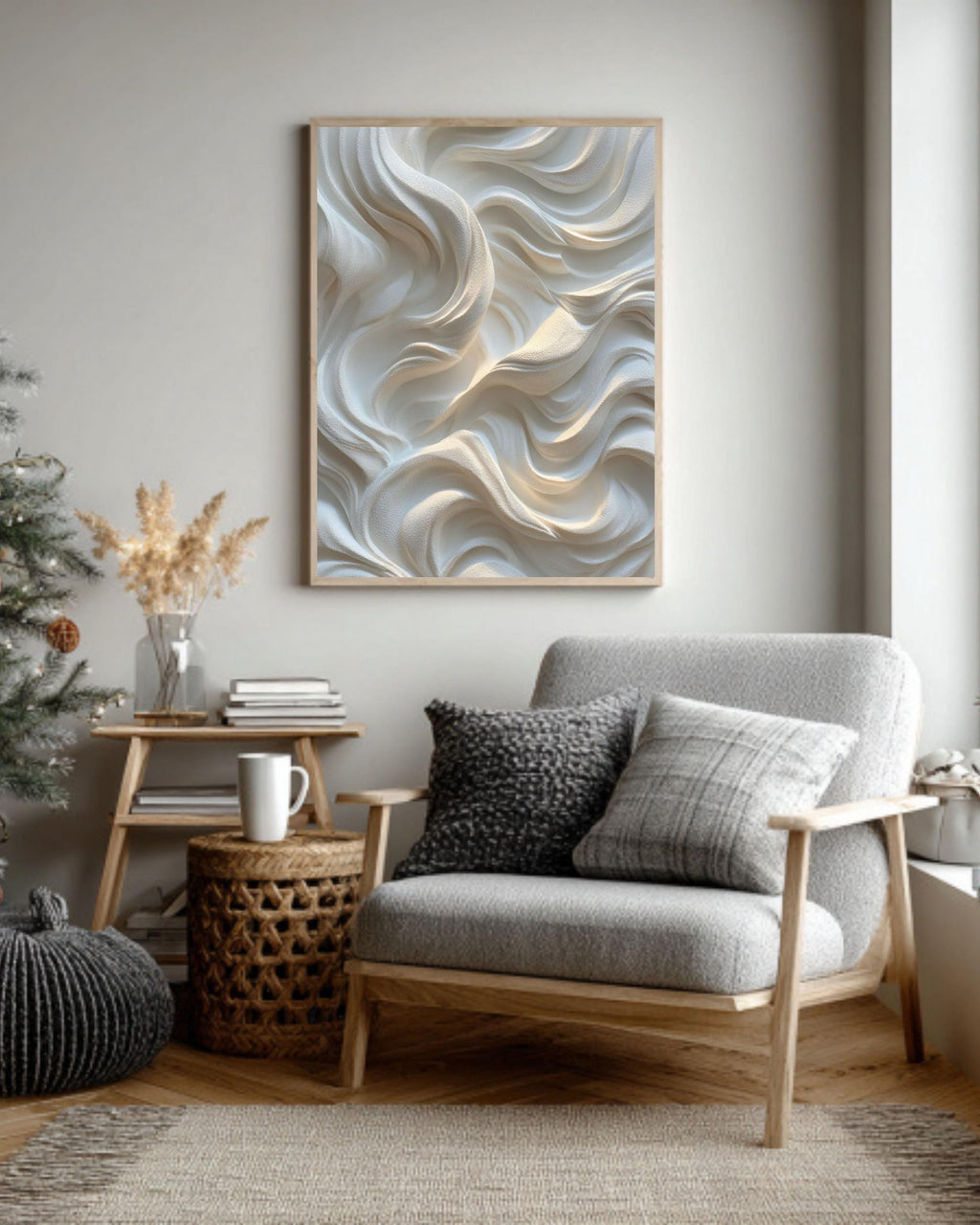 White Wavy Relief Texture Canvas Art, Abstract Minimalist 3D Effect Wall Decor, Soft Light Sculptural Panel Print, Neutral Home