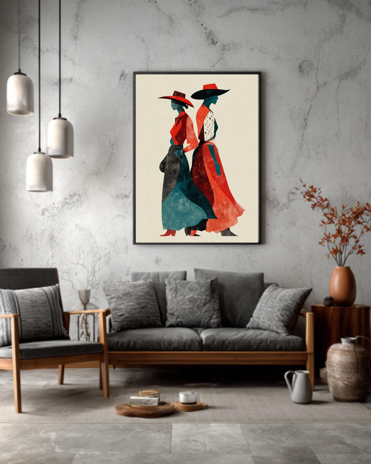 Cowgirl Canvas Art: Retro Red & Teal Western Women Silhouette