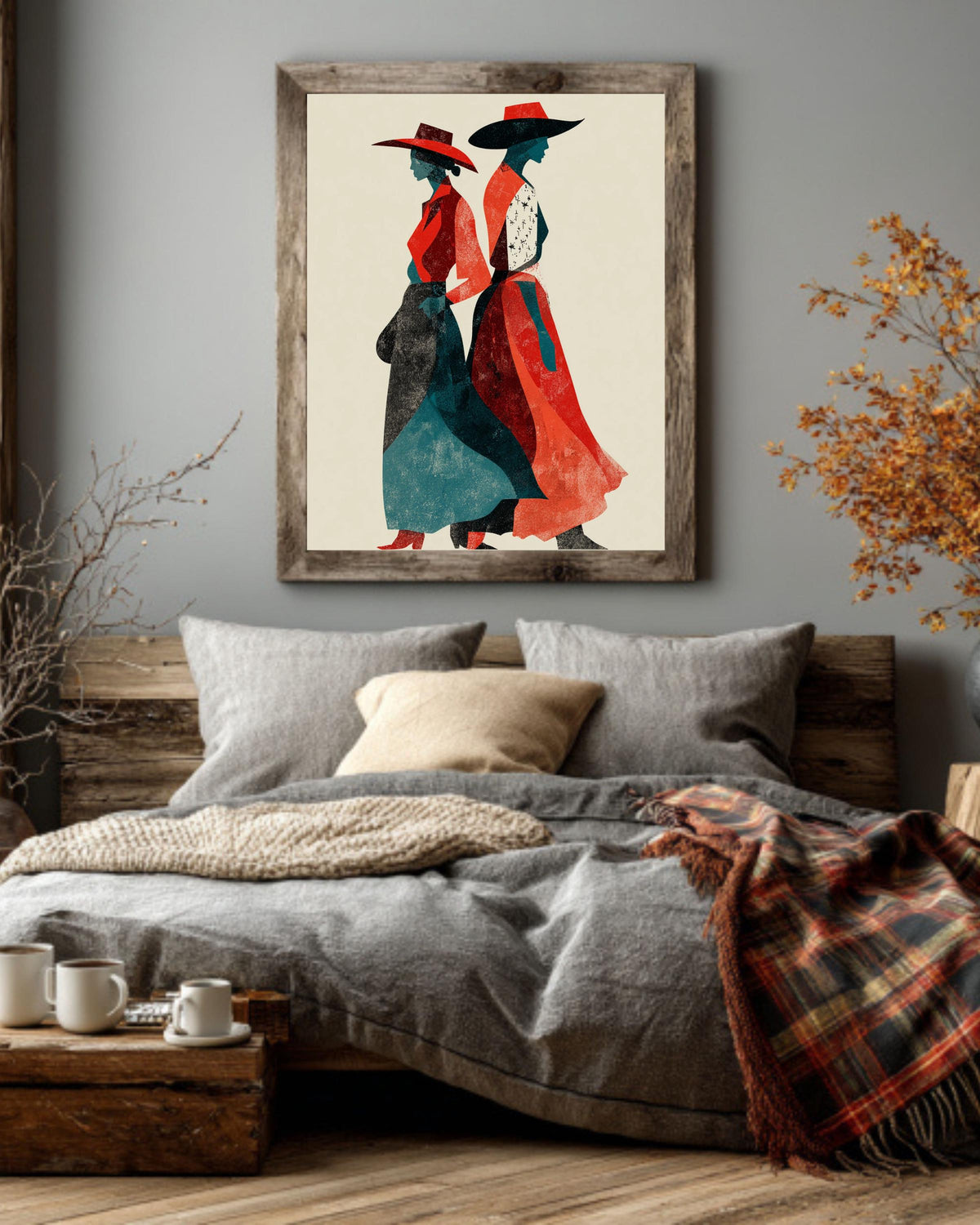 Cowgirl Canvas Art: Retro Red & Teal Western Women Silhouette