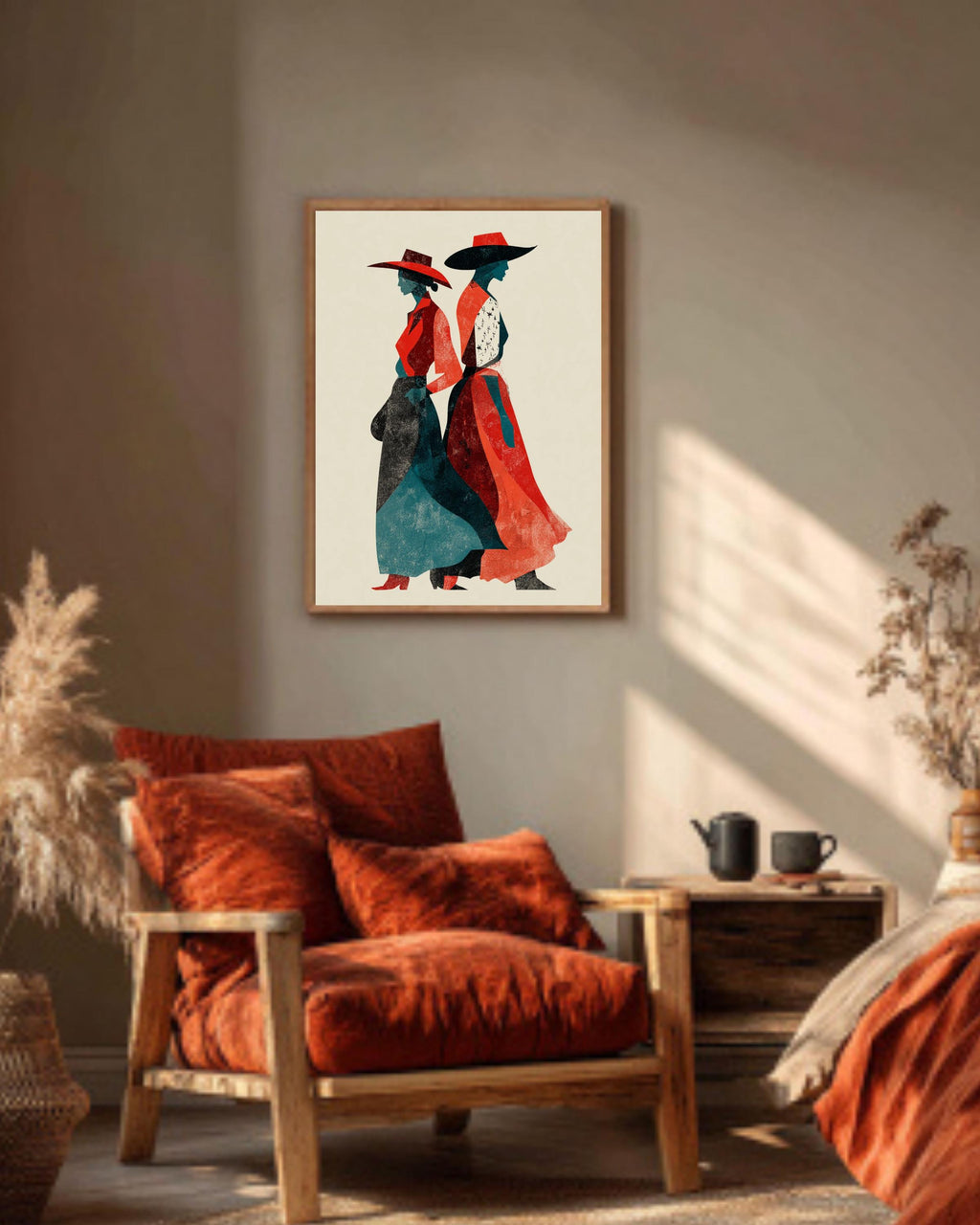 Cowgirl Canvas Art: Retro Red & Teal Western Women Silhouette