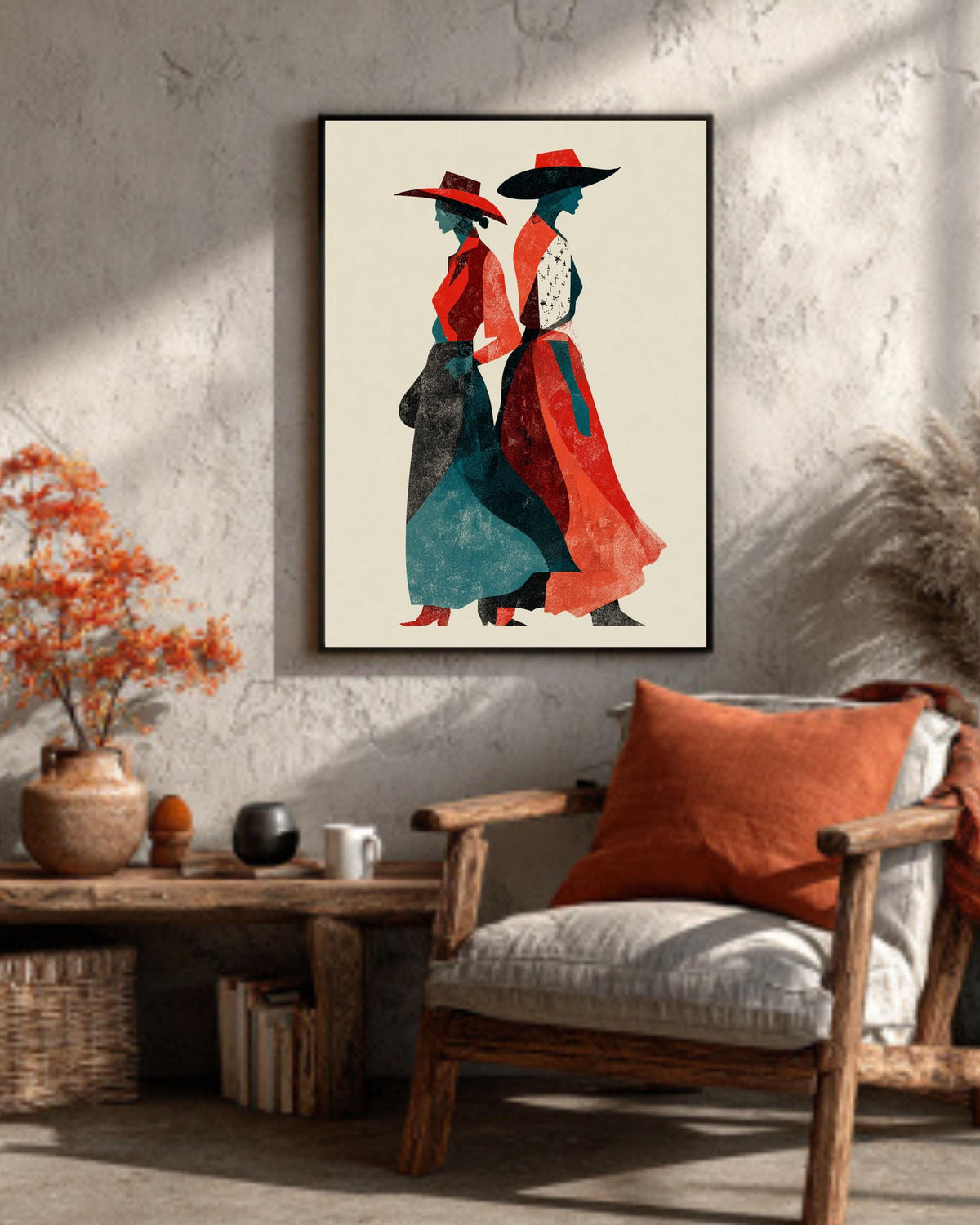 Cowgirl Canvas Art: Retro Red & Teal Western Women Silhouette