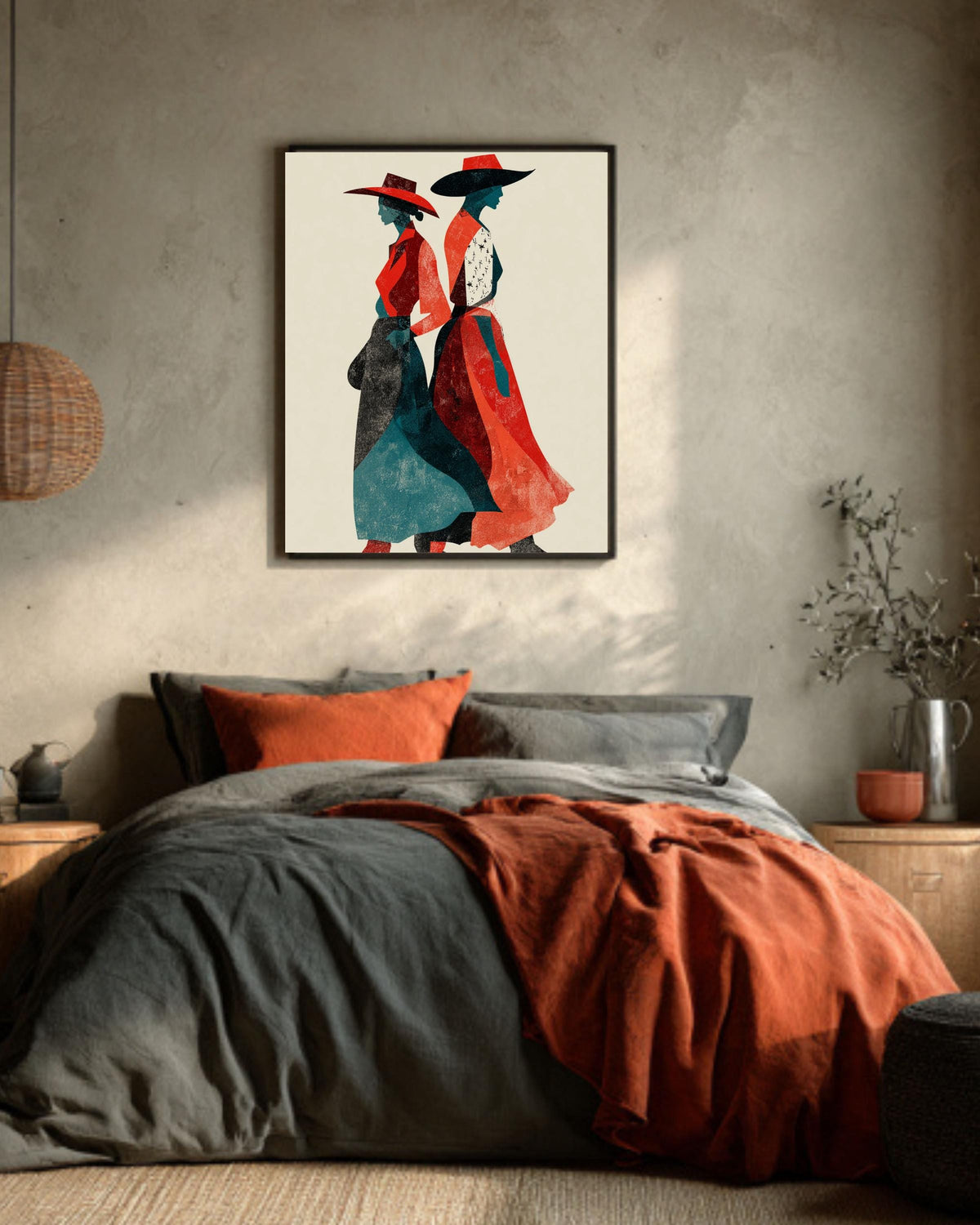 Cowgirl Canvas Art: Retro Red & Teal Western Women Silhouette