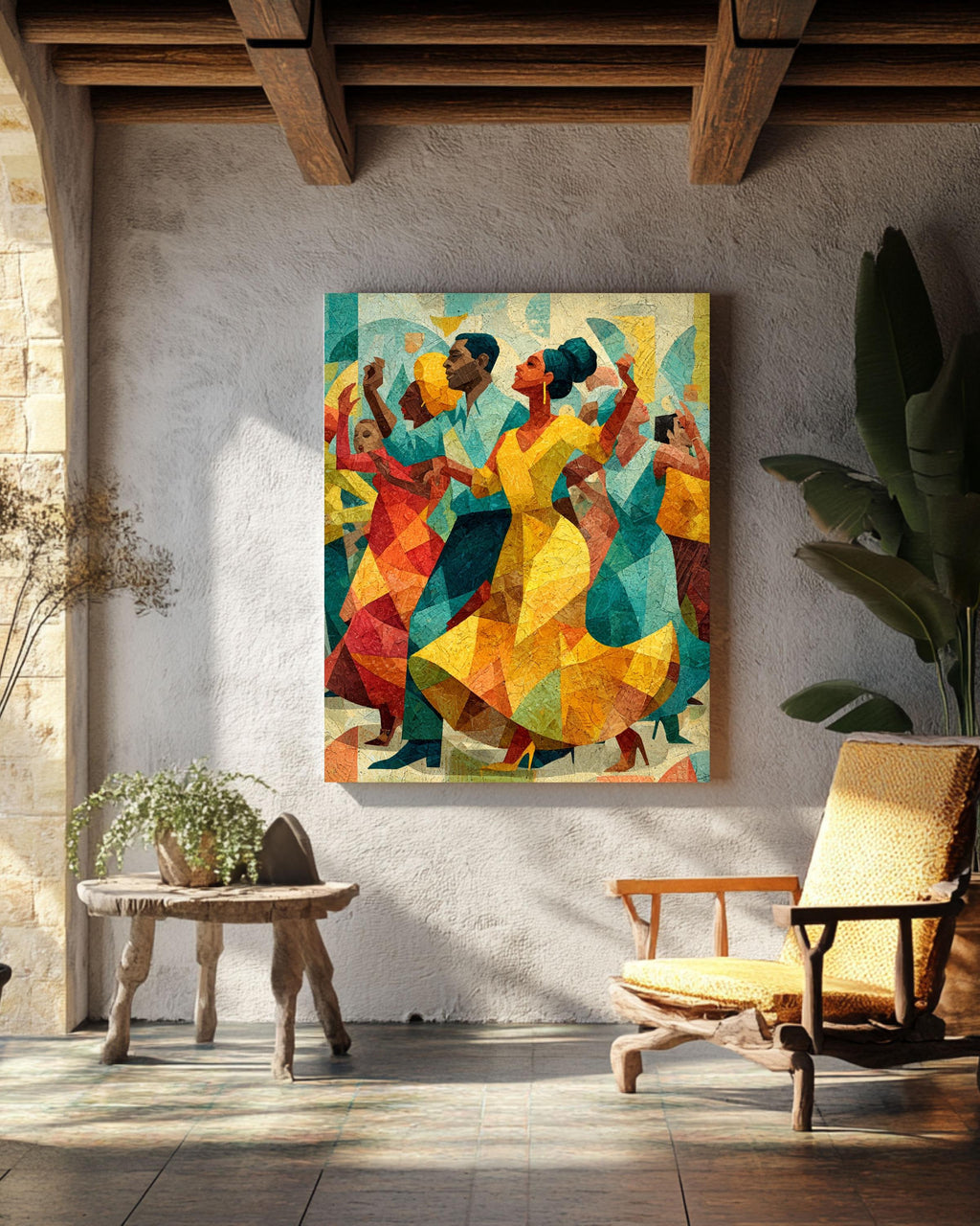 Cubist Dancing People Canvas Art: Modern Jazz Celebration Print