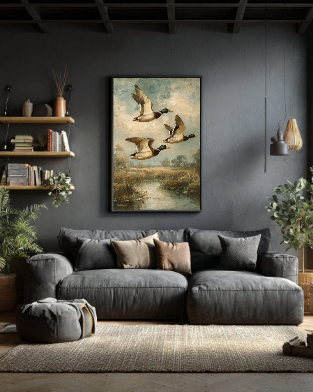 Vintage Mallard Ducks Oil Painting on Canvas: Rustic Wildlife Art Print