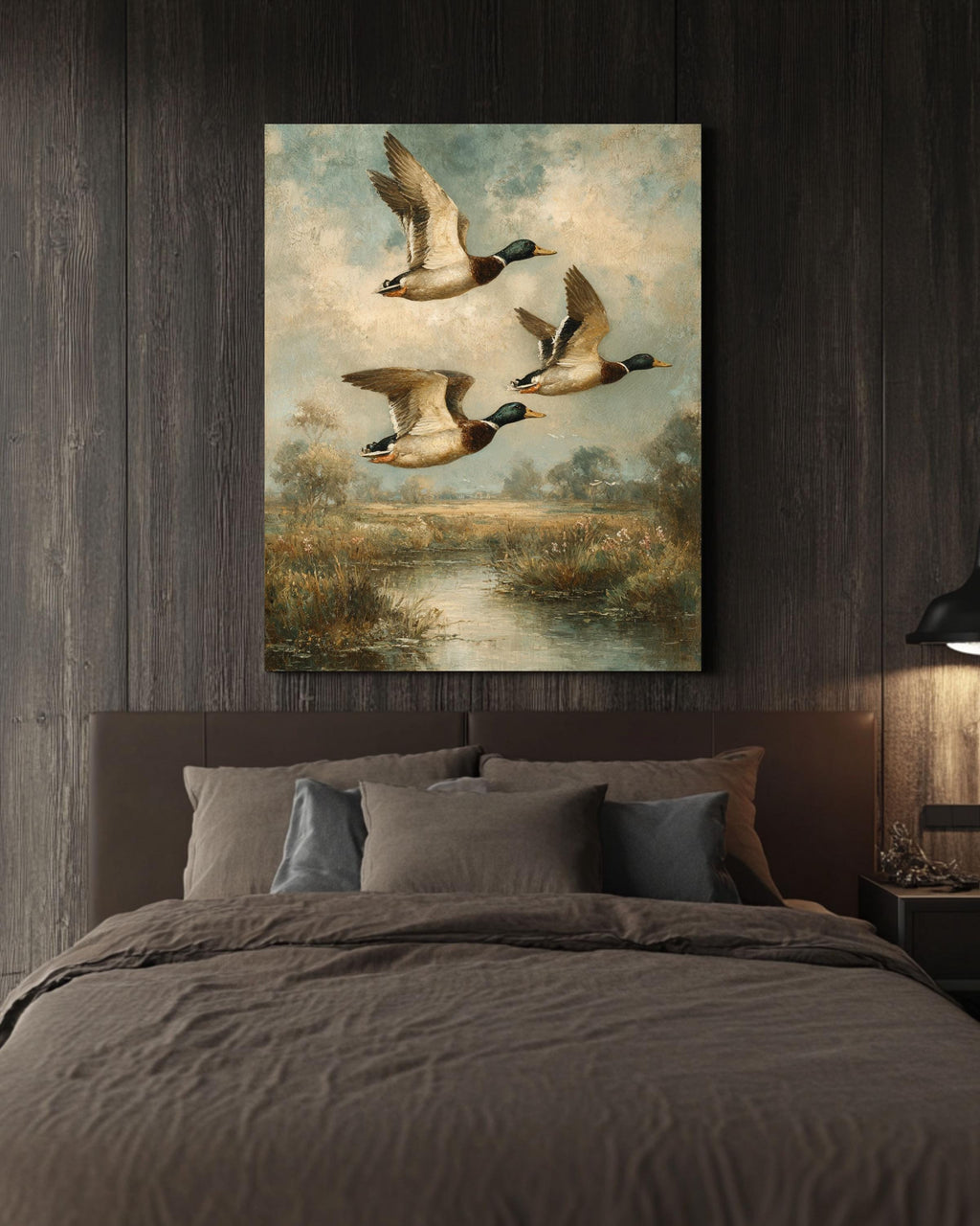 Vintage Mallard Ducks Oil Painting on Canvas: Rustic Wildlife Art Print