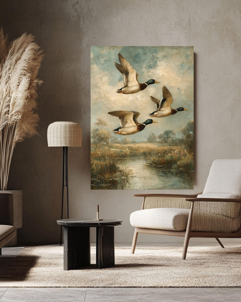 Vintage Mallard Ducks Oil Painting on Canvas: Rustic Wildlife Art Print