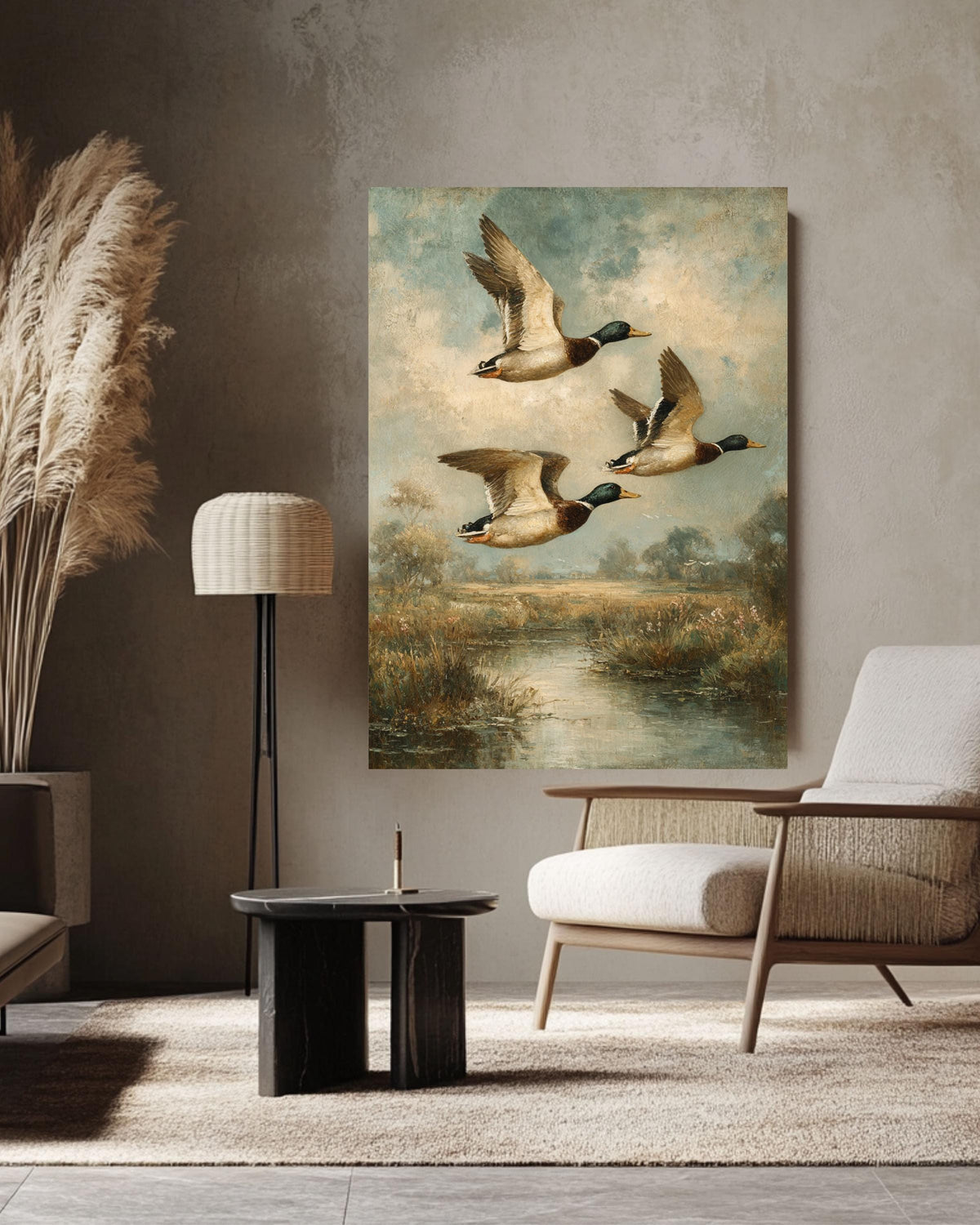 Vintage Mallard Ducks Oil Painting on Canvas: Rustic Wildlife Art Print