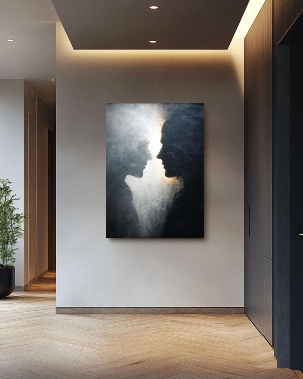 Abstract Black & White Silhouette Wall Art, Textured Canvas Print, Minimalist Profile Faces Portrait, Emotional Fine Art