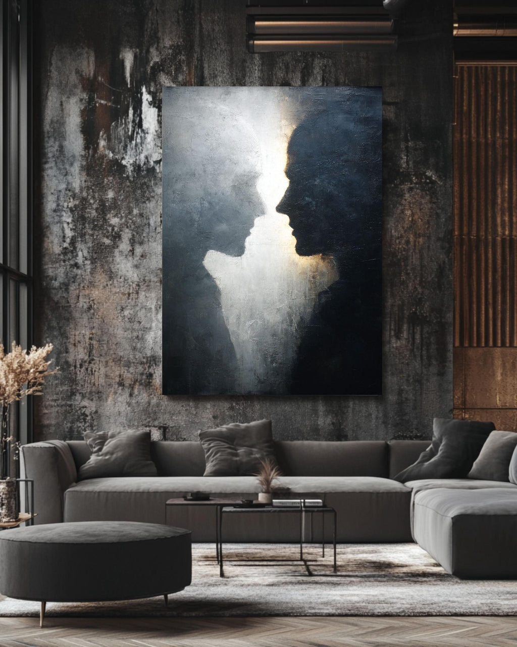 Abstract Black & White Silhouette Wall Art, Textured Canvas Print, Minimalist Profile Faces Portrait, Emotional Fine Art