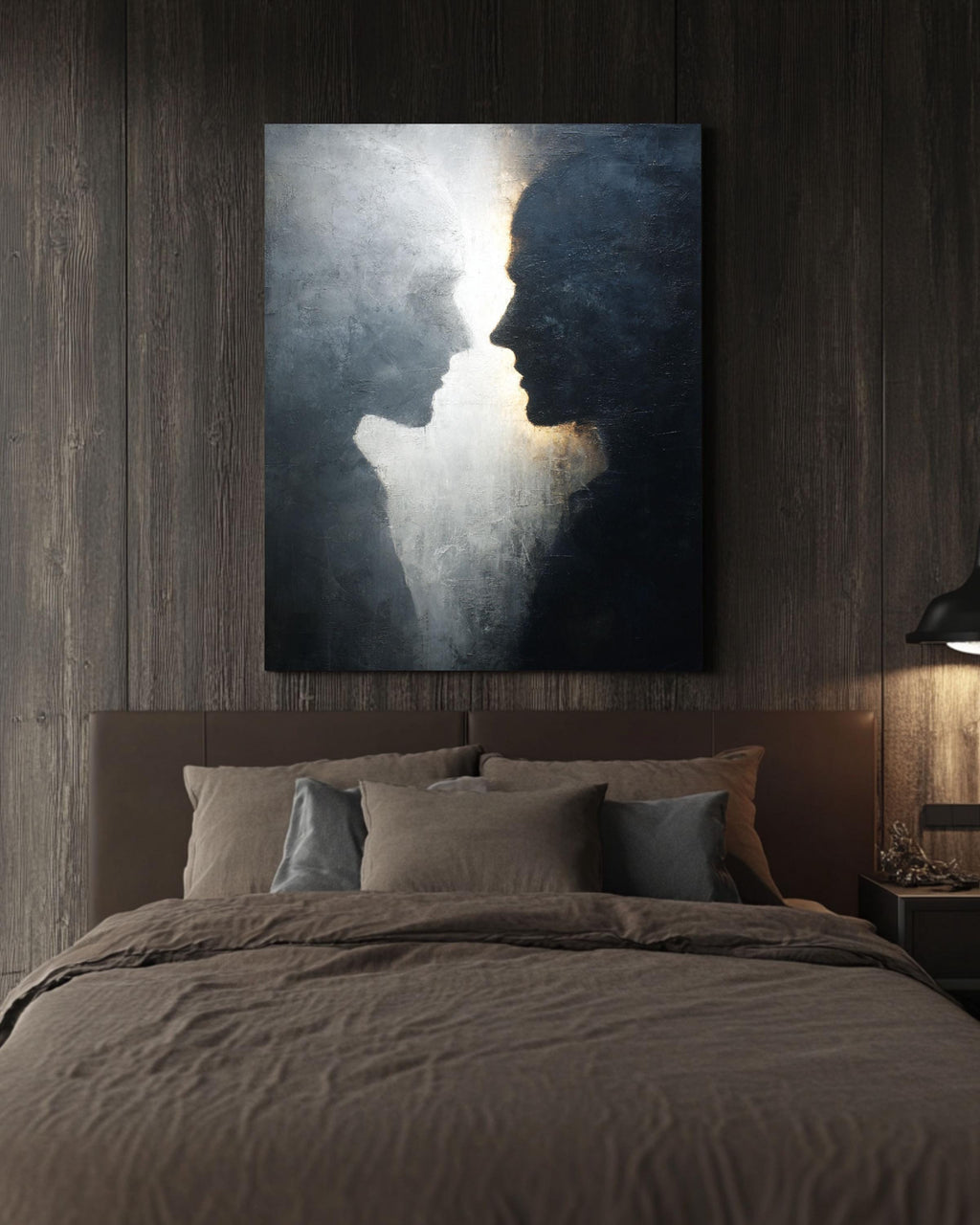 Abstract Black & White Silhouette Wall Art, Textured Canvas Print, Minimalist Profile Faces Portrait, Emotional Fine Art