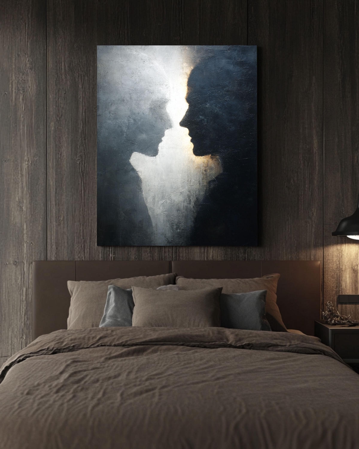 Abstract Black & White Silhouette Wall Art, Textured Canvas Print, Minimalist Profile Faces Portrait, Emotional Fine Art