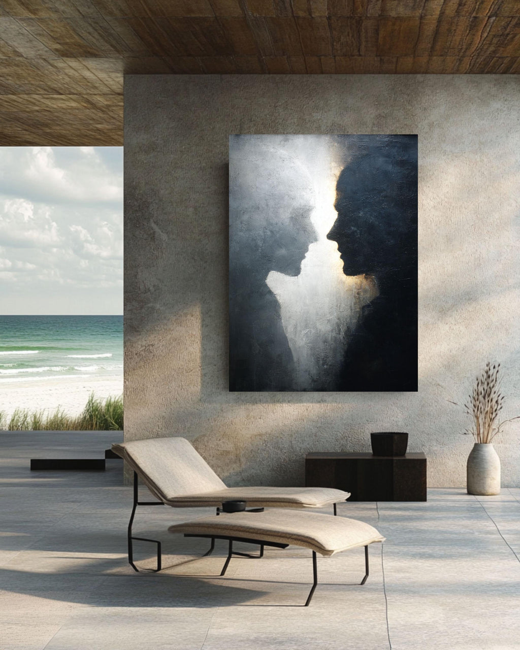 Abstract Black & White Silhouette Wall Art, Textured Canvas Print, Minimalist Profile Faces Portrait, Emotional Fine Art