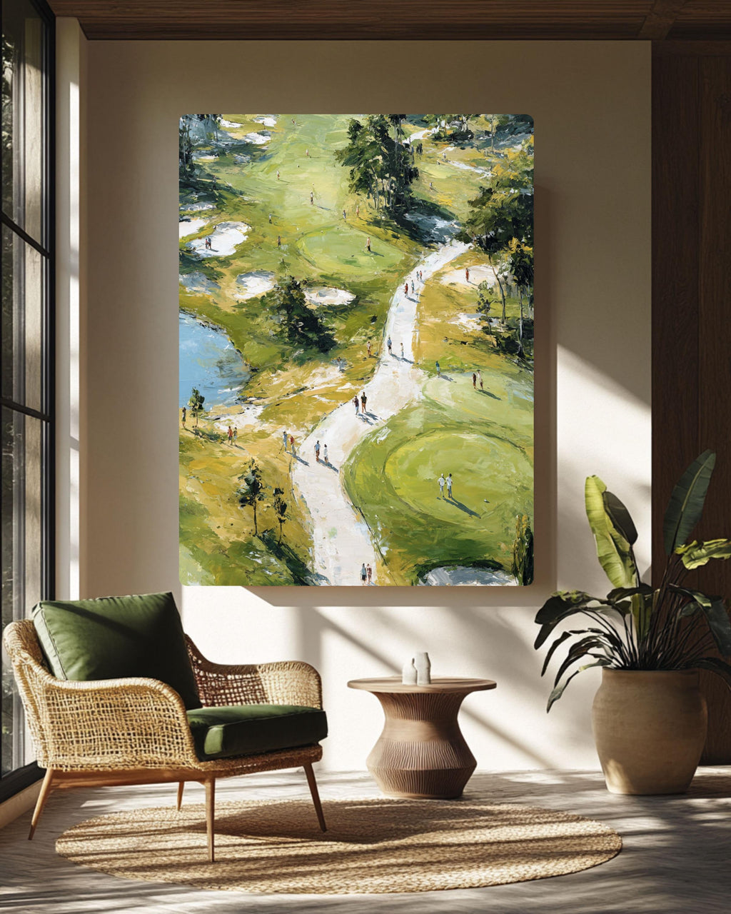 Aerial View Golf Course Oil Painting, Large Impressionist Golf Art Print, Green Landscape Canvas, Sports Decor for Office