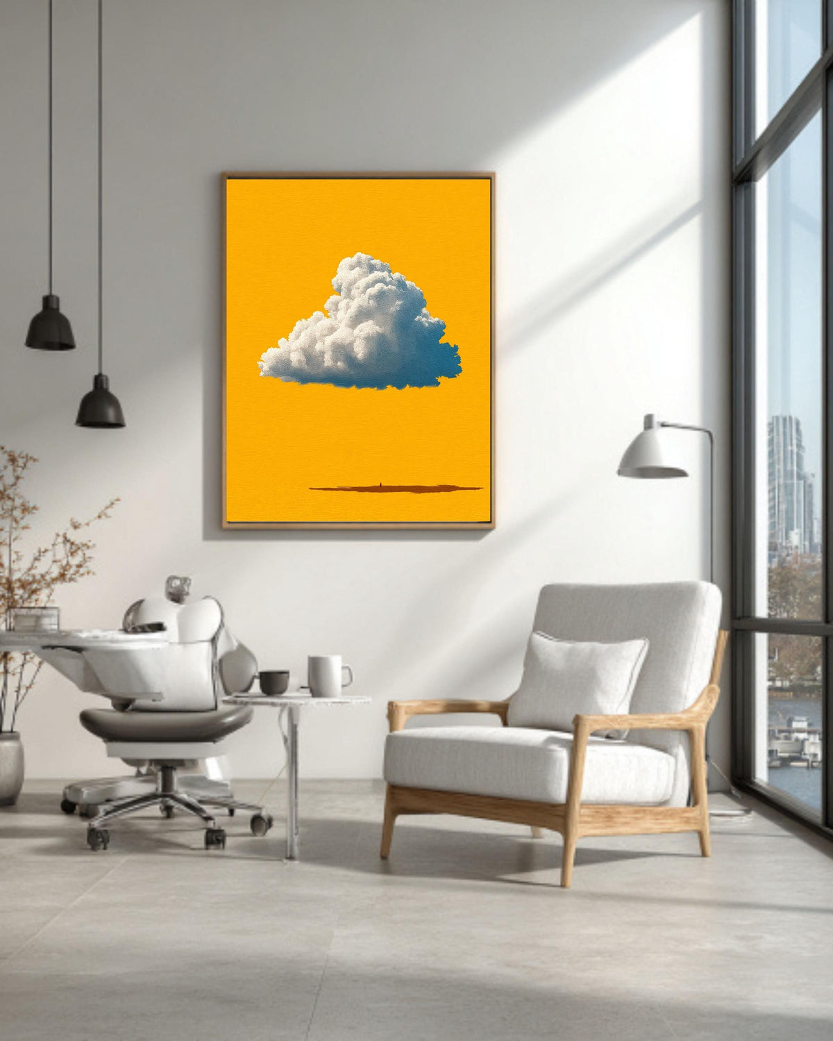 Minimalist Cloud Wall Art Canvas, Single Cumulus Cloud Print on Yellow Background, Modern Pop Art, Sunny Nursery Decor