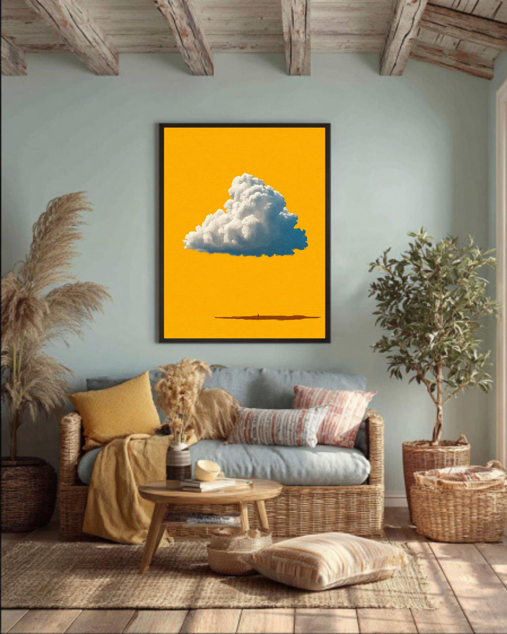 Minimalist Cloud Wall Art Canvas, Single Cumulus Cloud Print on Yellow Background, Modern Pop Art, Sunny Nursery Decor