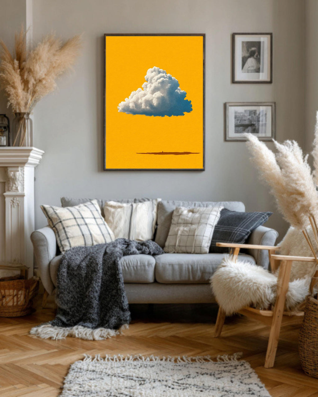 Minimalist Cloud Wall Art Canvas, Single Cumulus Cloud Print on Yellow Background, Modern Pop Art, Sunny Nursery Decor