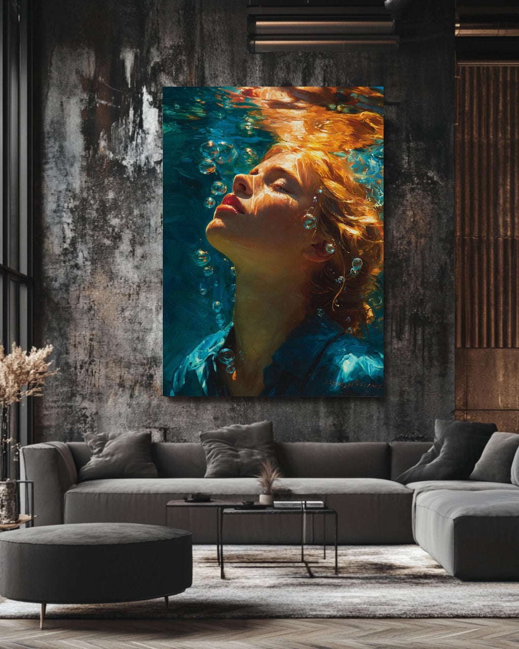 Stunning Underwater Oil Painting, Woman Swimming Canvas Art, Vibrant Redhead Portrait, Realistic Deep Blue Wall Decor