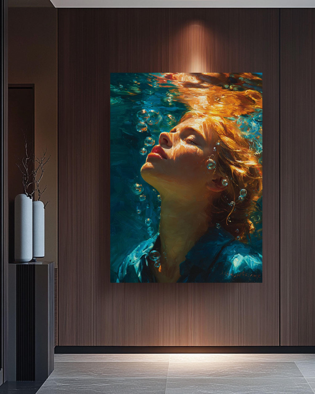 Stunning Underwater Oil Painting, Woman Swimming Canvas Art, Vibrant Redhead Portrait, Realistic Deep Blue Wall Decor
