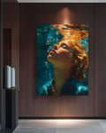 Stunning Underwater Oil Painting, Woman Swimming Canvas Art, Vibrant Redhead Portrait, Realistic Deep Blue Wall Decor