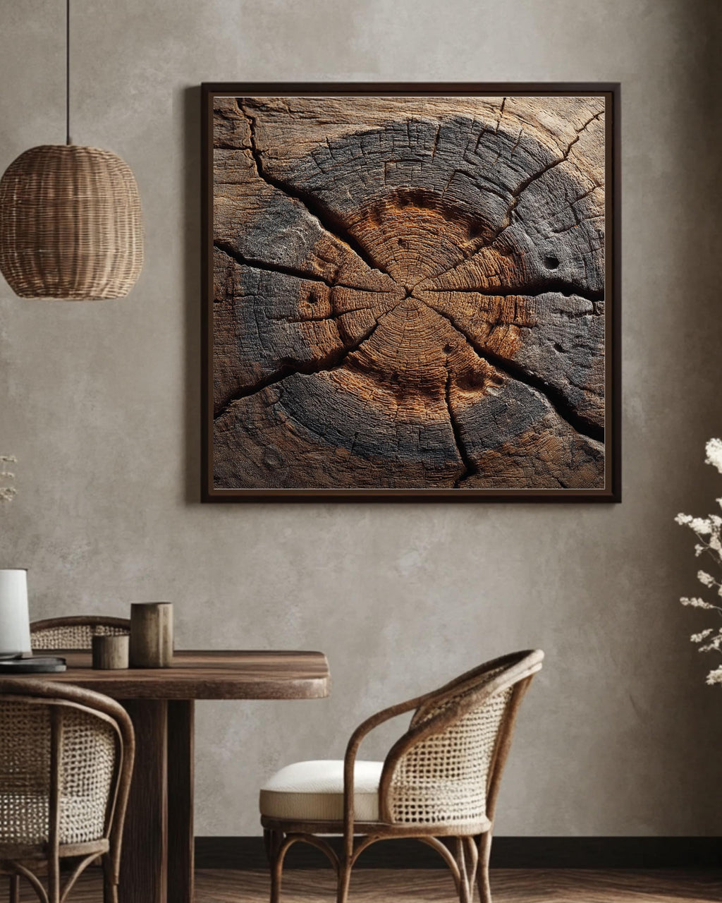 Rustic Tree Ring Cross-Section Canvas, Distressed Wood Grain Art Print, Organic Abstract Nature Texture Decor