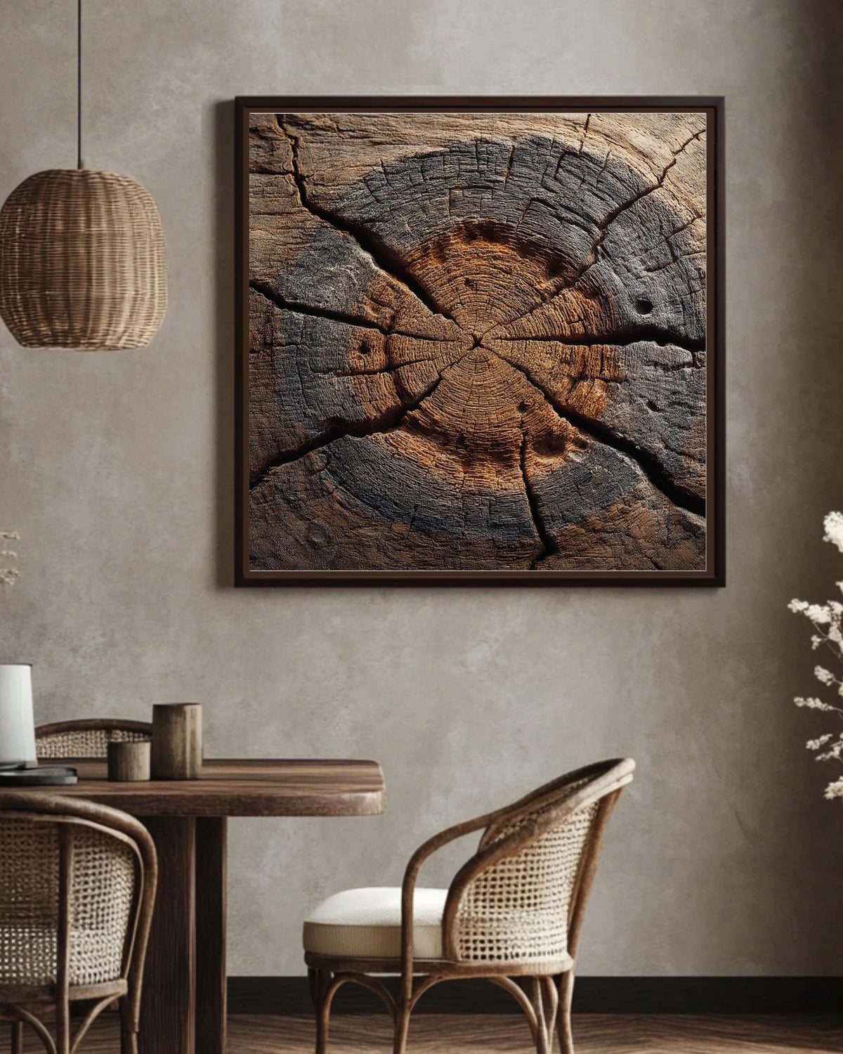 Rustic Tree Ring Cross-Section Canvas, Distressed Wood Grain Art Print, Organic Abstract Nature Texture Decor