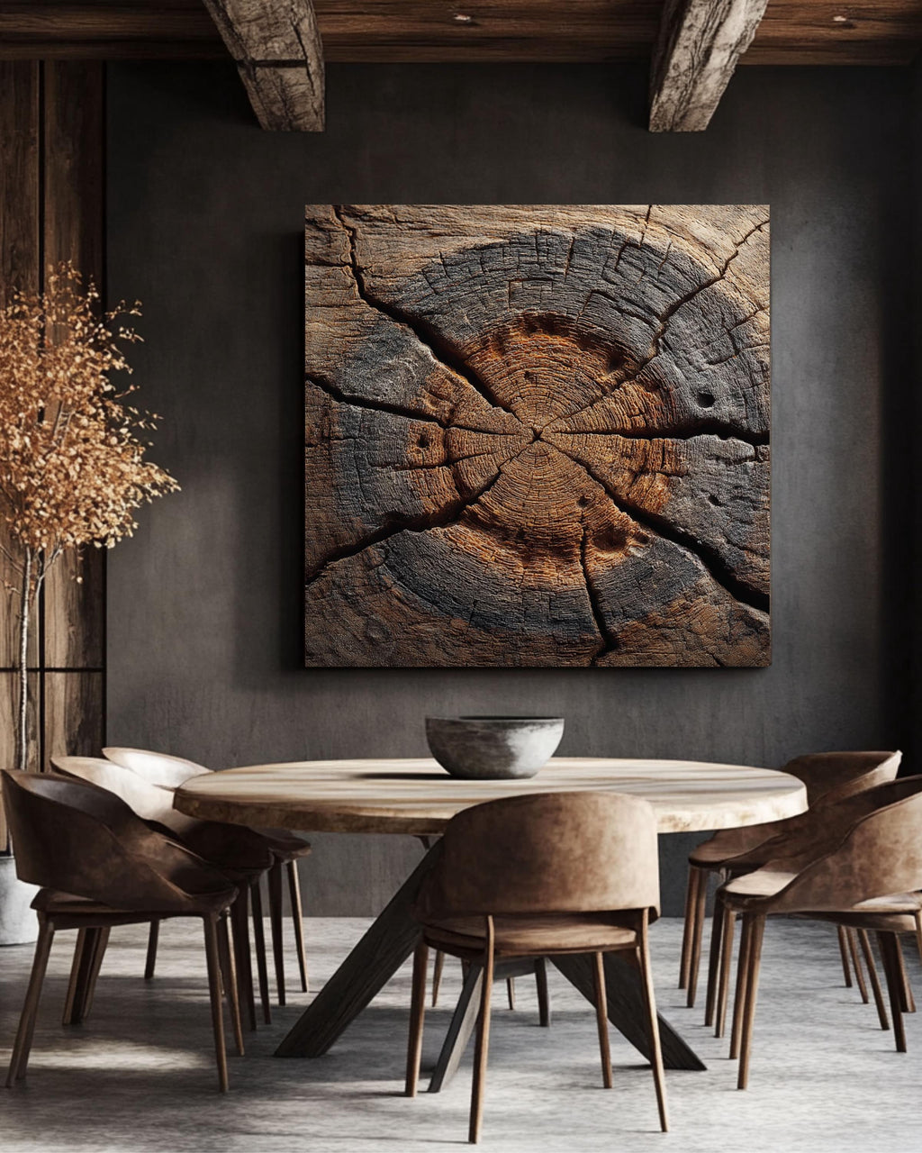 Rustic Tree Ring Cross-Section Canvas, Distressed Wood Grain Art Print, Organic Abstract Nature Texture Decor
