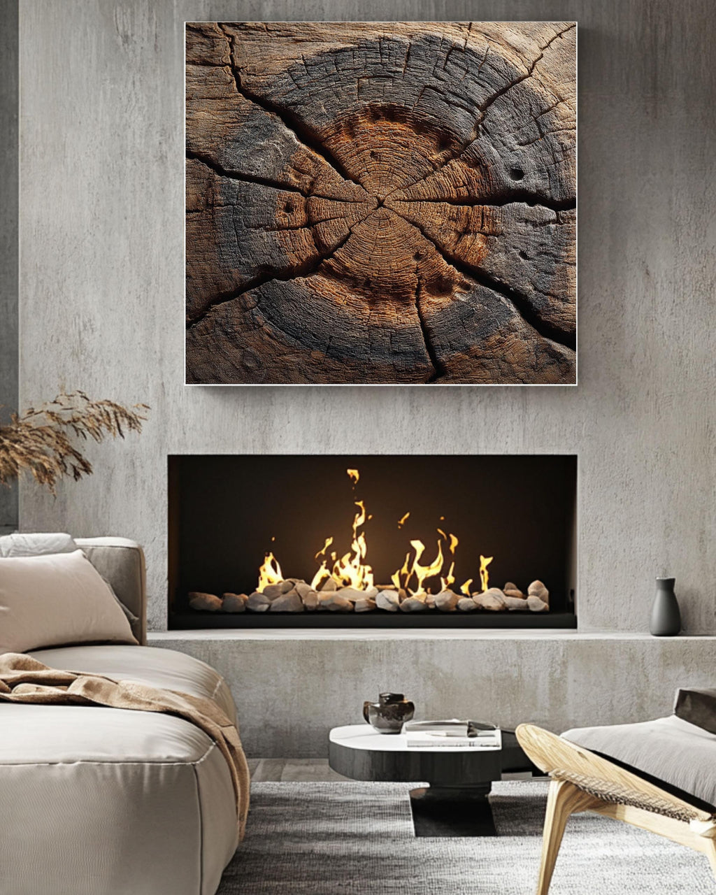 Rustic Tree Ring Cross-Section Canvas, Distressed Wood Grain Art Print, Organic Abstract Nature Texture Decor