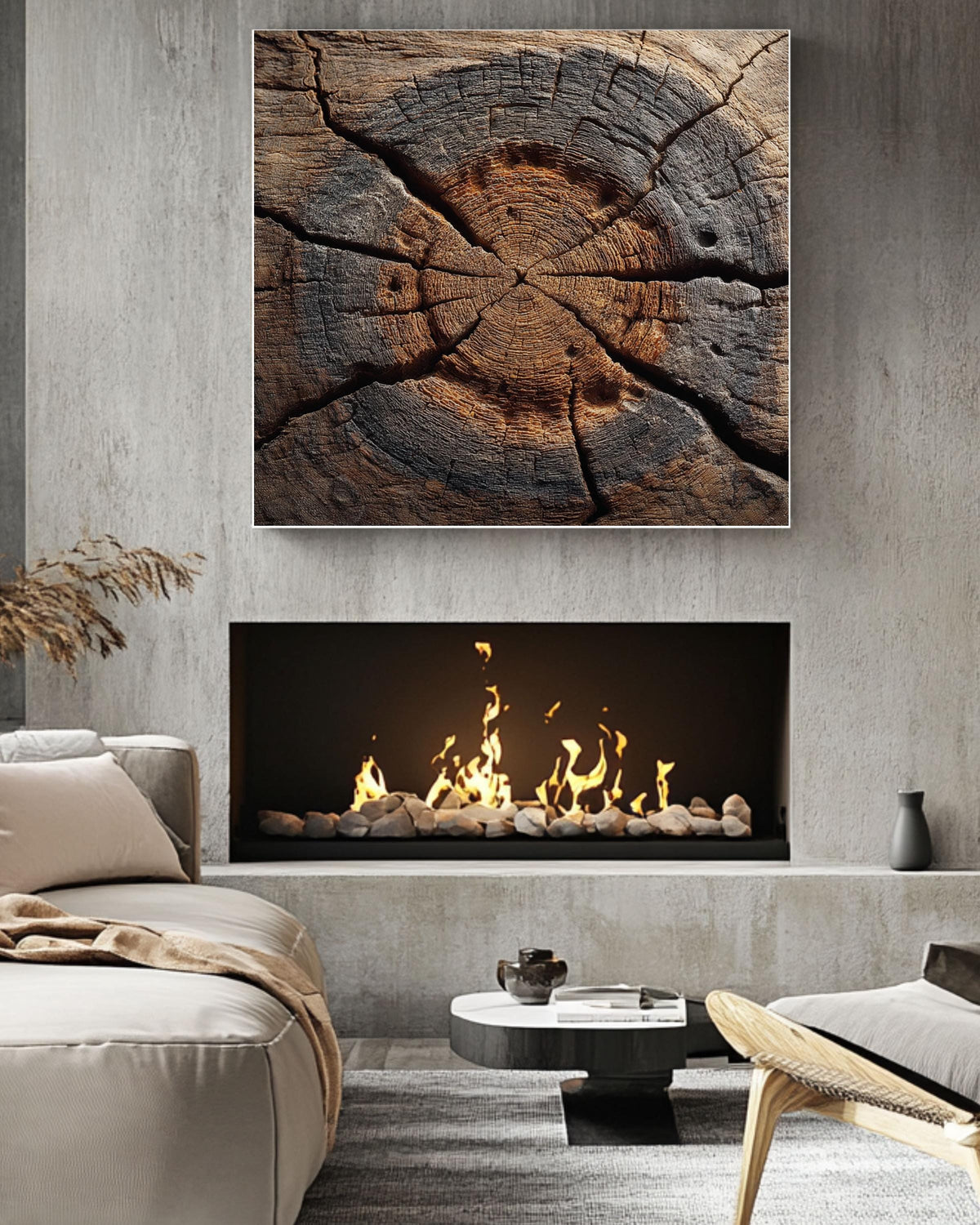Rustic Tree Ring Cross-Section Canvas, Distressed Wood Grain Art Print, Organic Abstract Nature Texture Decor