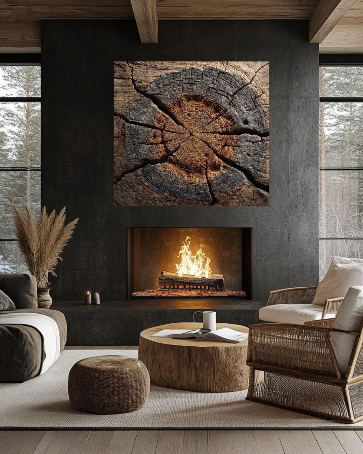 Rustic Tree Ring Cross-Section Canvas, Distressed Wood Grain Art Print, Organic Abstract Nature Texture Decor