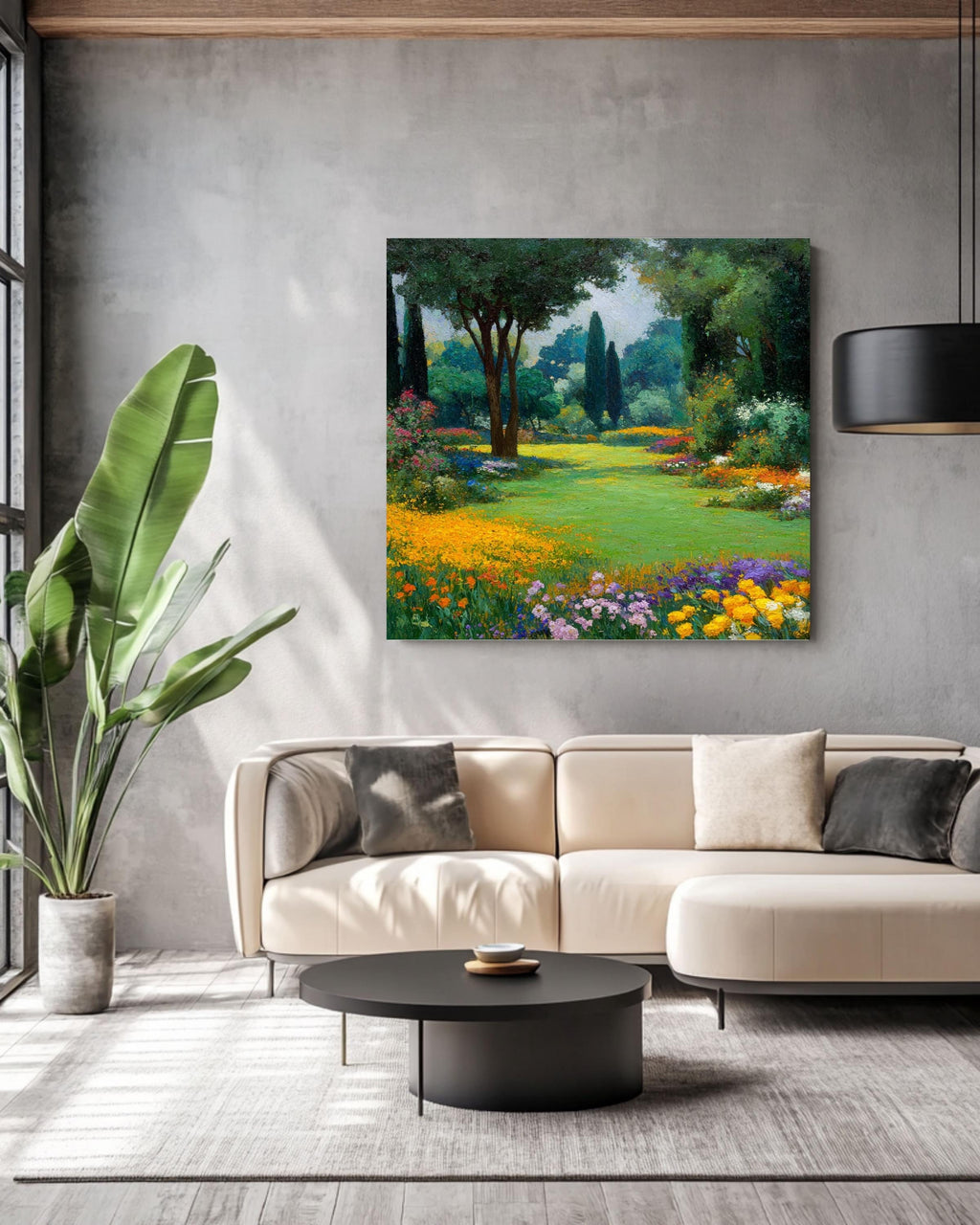 Impressionist Garden Landscape Painting, Gustav Klimt Style Floral Art, Vibrant Spring Meadow Canvas, Nature Wall Decor
