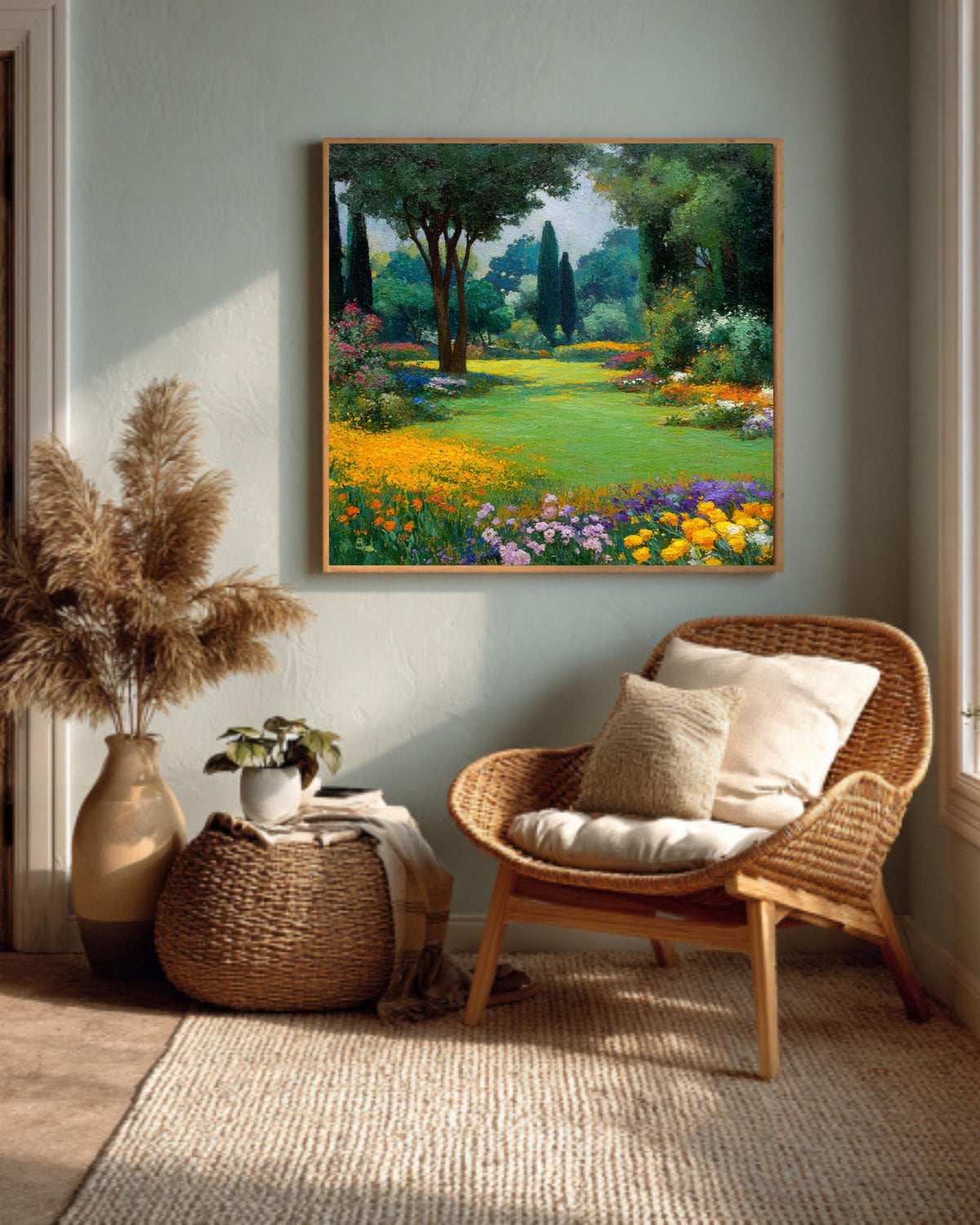 Impressionist Garden Landscape Painting, Gustav Klimt Style Floral Art, Vibrant Spring Meadow Canvas, Nature Wall Decor