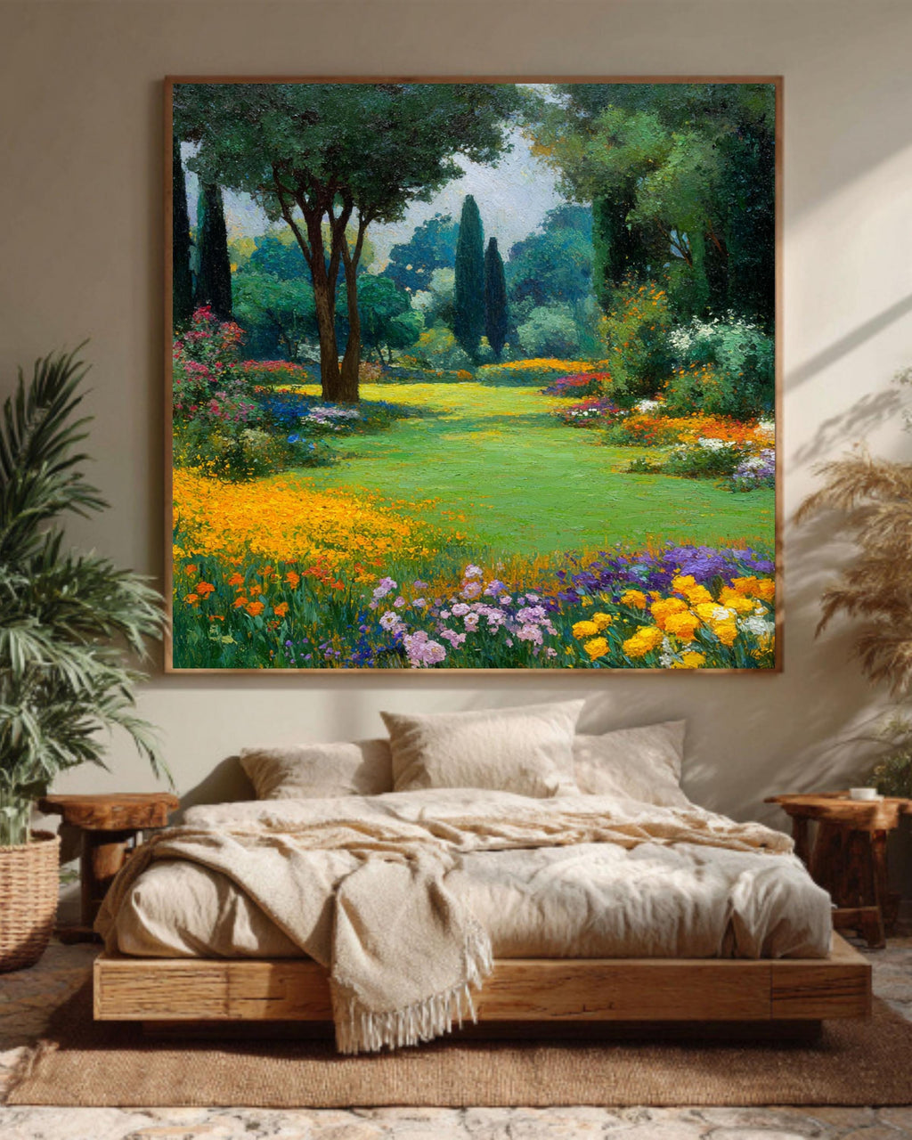 Impressionist Garden Landscape Painting, Gustav Klimt Style Floral Art, Vibrant Spring Meadow Canvas, Nature Wall Decor