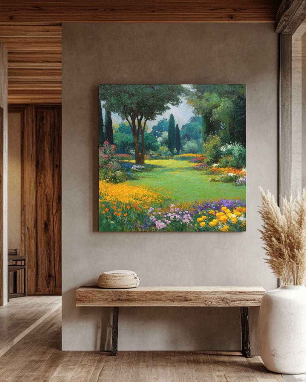 Impressionist Garden Landscape Painting, Gustav Klimt Style Floral Art, Vibrant Spring Meadow Canvas, Nature Wall Decor
