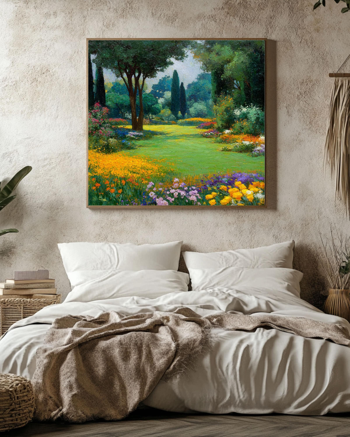 Impressionist Garden Landscape Painting, Gustav Klimt Style Floral Art, Vibrant Spring Meadow Canvas, Nature Wall Decor