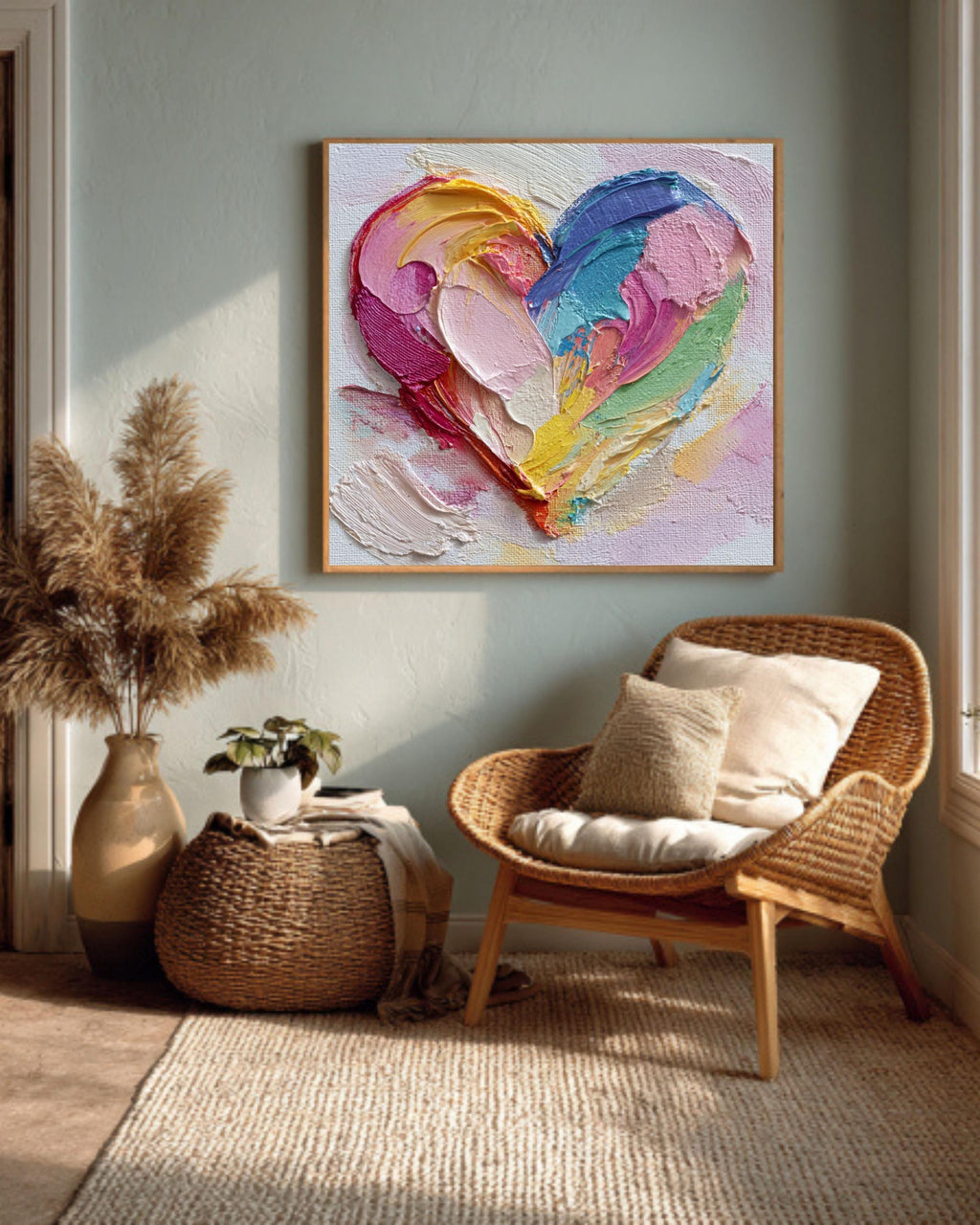 Colorful Heart Canvas Wall Art, Abstract Impasto Textured Decor