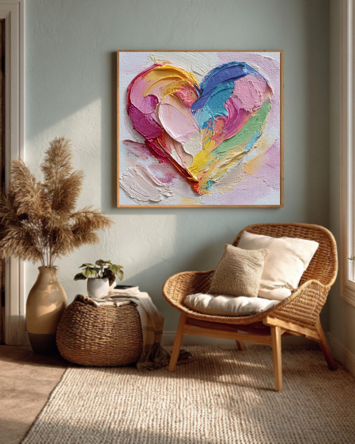 Colorful Heart Canvas Wall Art, Abstract Impasto Textured Decor