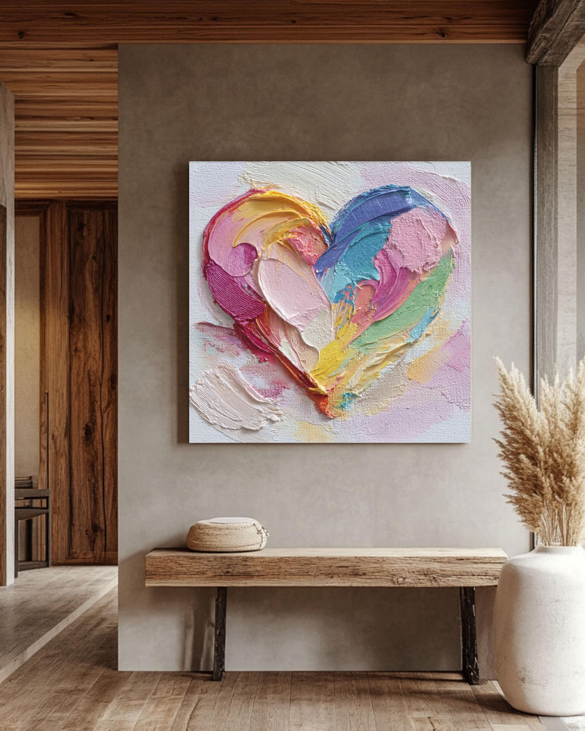 Colorful Heart Canvas Wall Art, Abstract Impasto Textured Decor