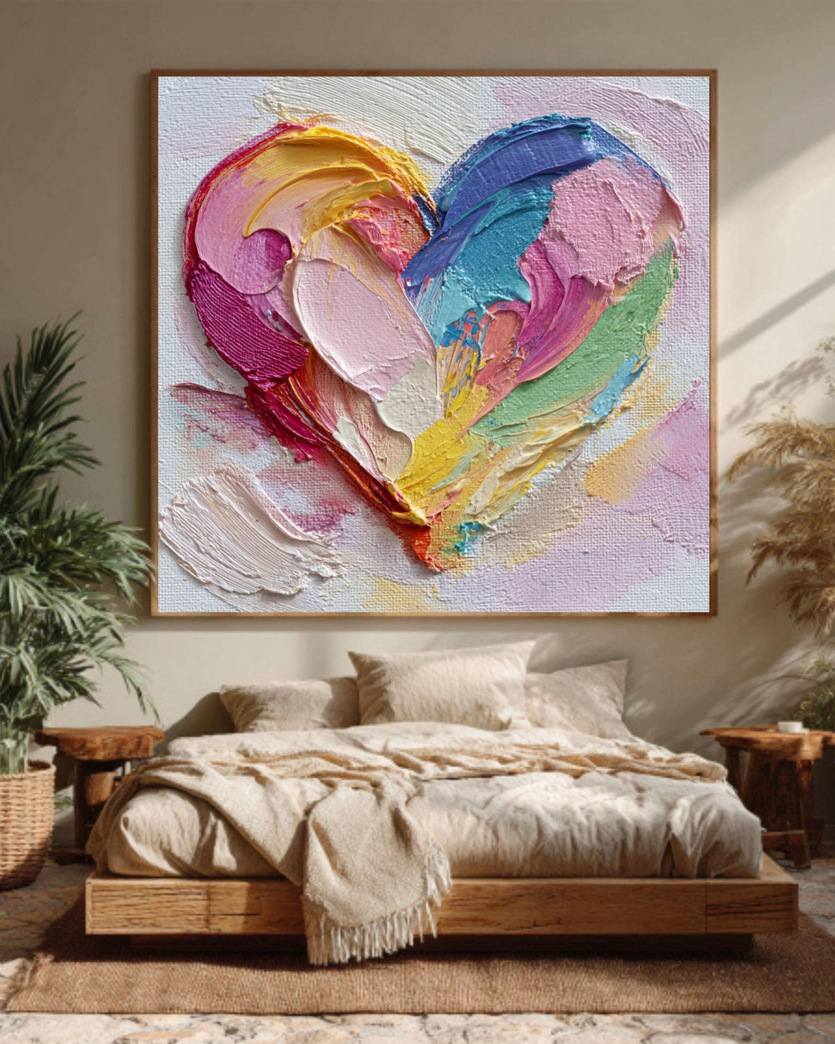Colorful Heart Canvas Wall Art, Abstract Impasto Textured Decor