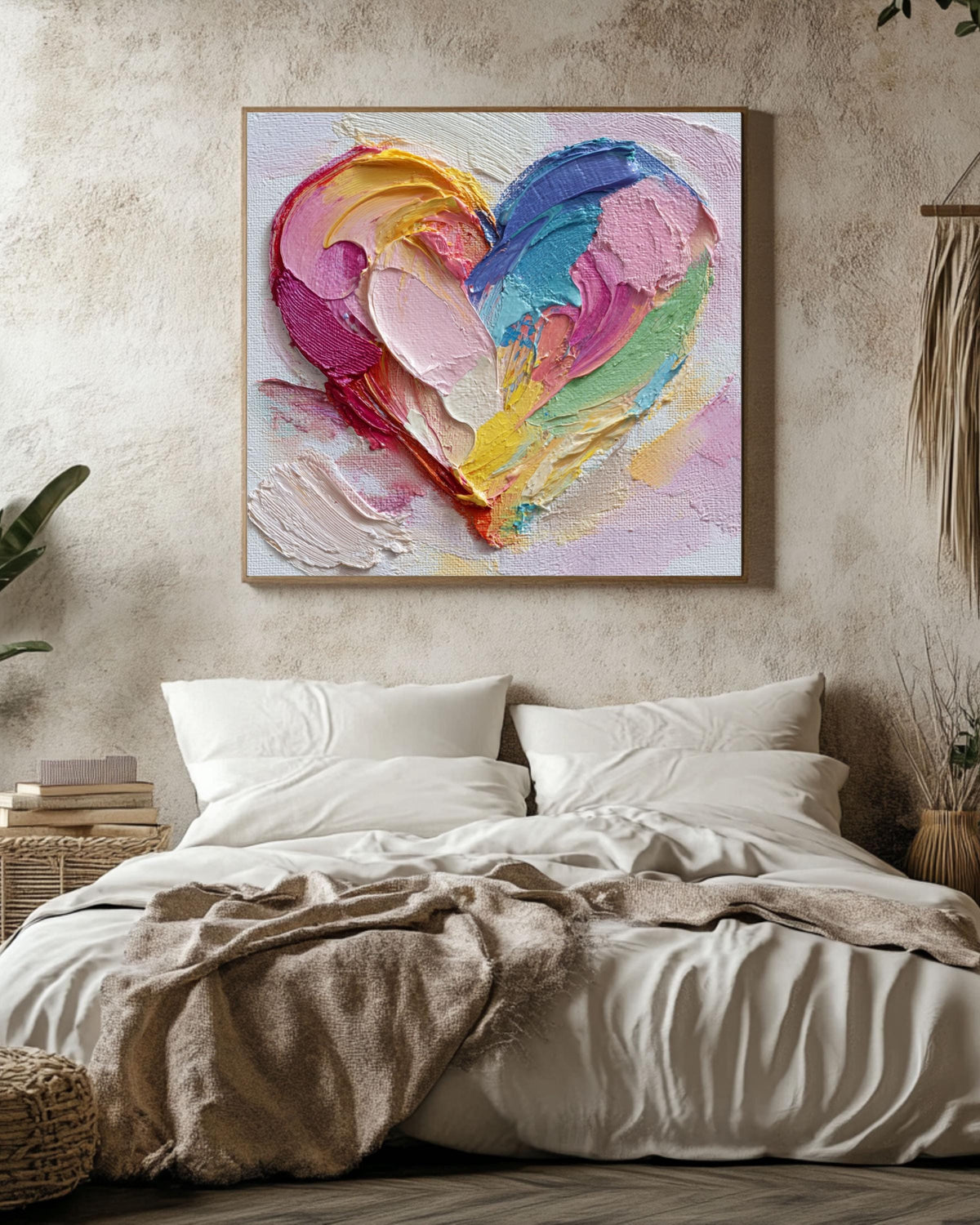 Colorful Heart Canvas Wall Art, Abstract Impasto Textured Decor